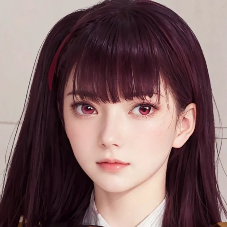 A young woman(beautiful,elegant), Just looking at the viewer, (realistic:1.4), (WA2K:1.0), red eyes, shirt, jacket, red tie, (burgundy hair color), Braid, (one side up:1.2), (Hair band), (blush, ashamed), (while getting angry),(detailed, ultra-detailed, high detailed, ultra realistic 8k CG, Perfect work of art, high quality), wooden table, flores, Interior