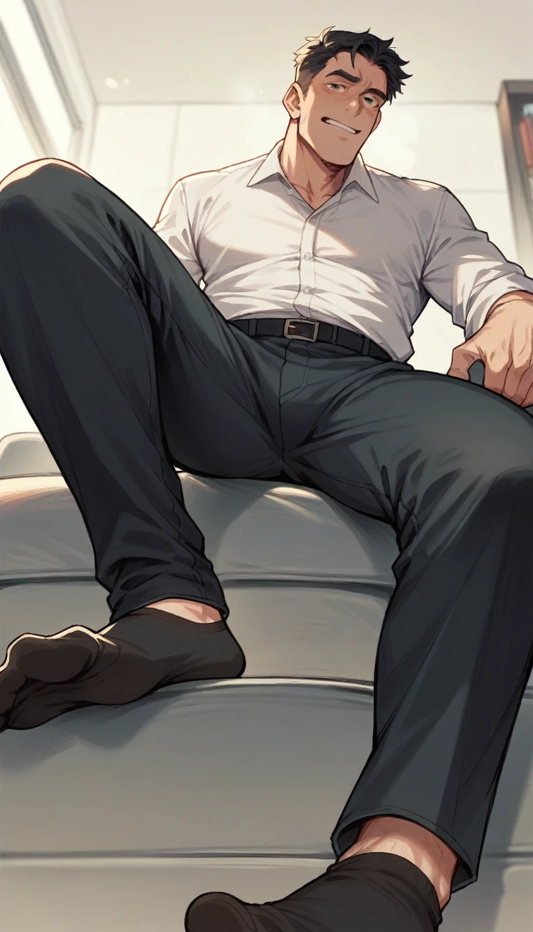 male, (yakuza boss), blue white stripe underwear pants, erecton upward, penis, handsome, muscular, hairy, blush, ashamed, middle aged man, homoerotic, Sitting on the floor, realistic, night, (silver hair daddy), delicate eyes, hairy legs, (handjob), (cumshot)