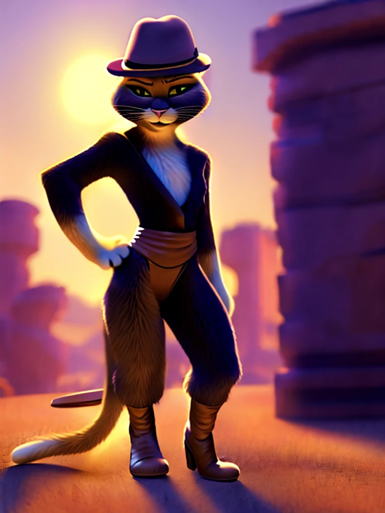 Kitty Softpaws, DreamWorks Animated, Leotard, ((Wearing a fedora hat)), 3:1 Hip to leg ratio, Bright Lighting