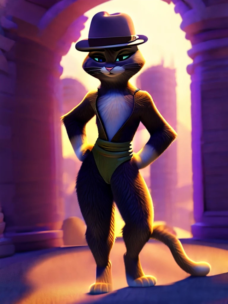 Kitty Softpaws, DreamWorks Animated, Leotard, ((Wearing a fedora hat)), 3:1 Hip to leg ratio, Bright Lighting