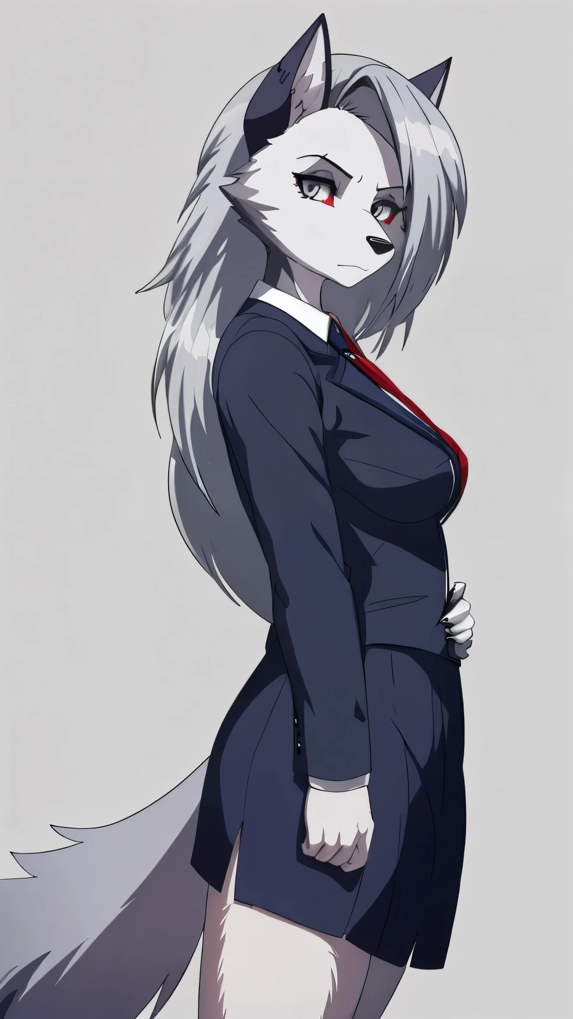 Loona from Helluva Boss, female wolf, anthro, mature adult woman, tall adult woman, white hair, grey eyes, detailed, solo, beautiful, high quality, cold stare, stern expression, calm, looking at side, anime, Shimoneta, Anna Nishikinomiya uniform, full body, white background, 4K