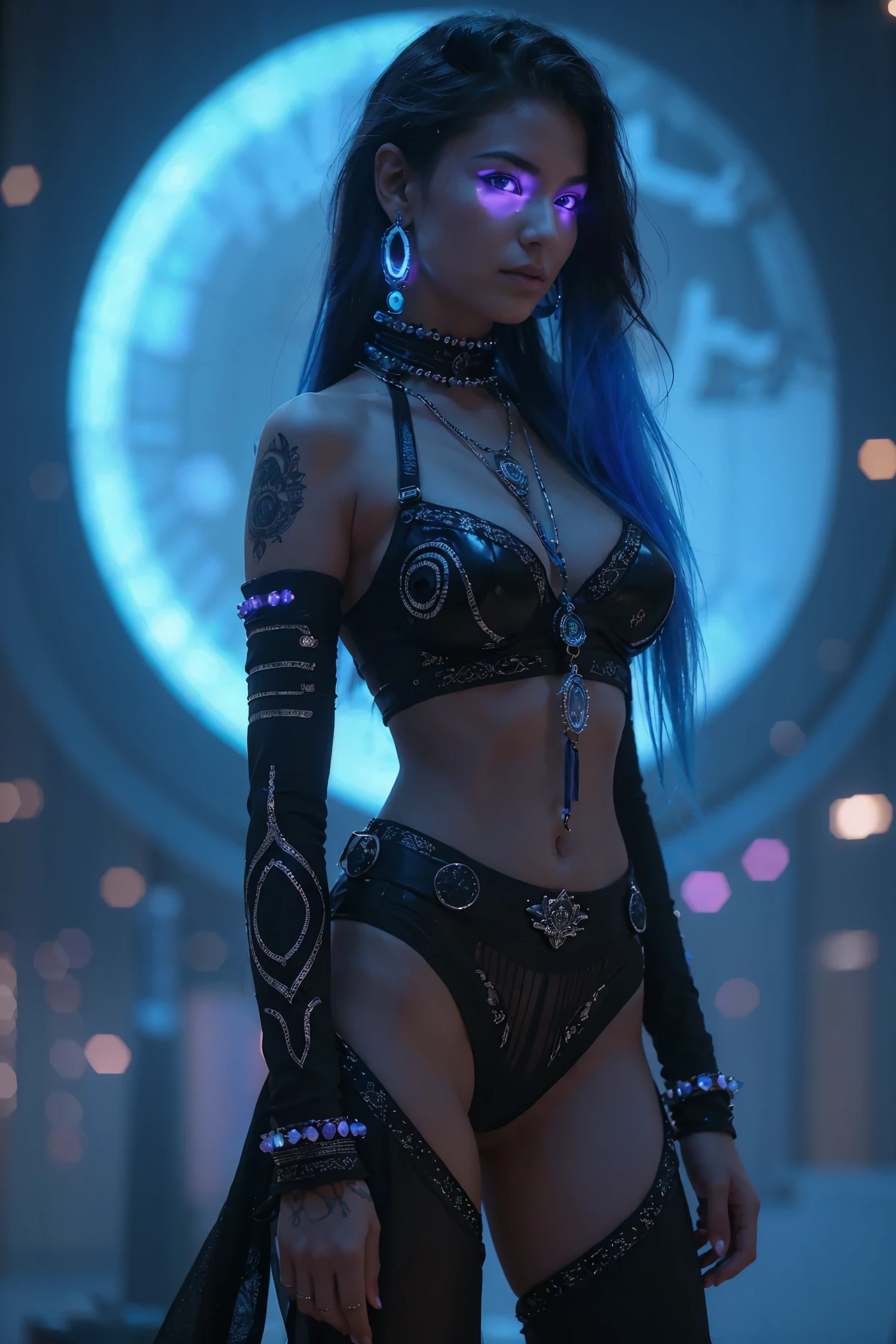 Cyberpunk girl, in a cyberpunk bedroom, wearing nothing but a bioluminescent thong and bra, underwear is made entirely of bioluminescent material, pubic hair