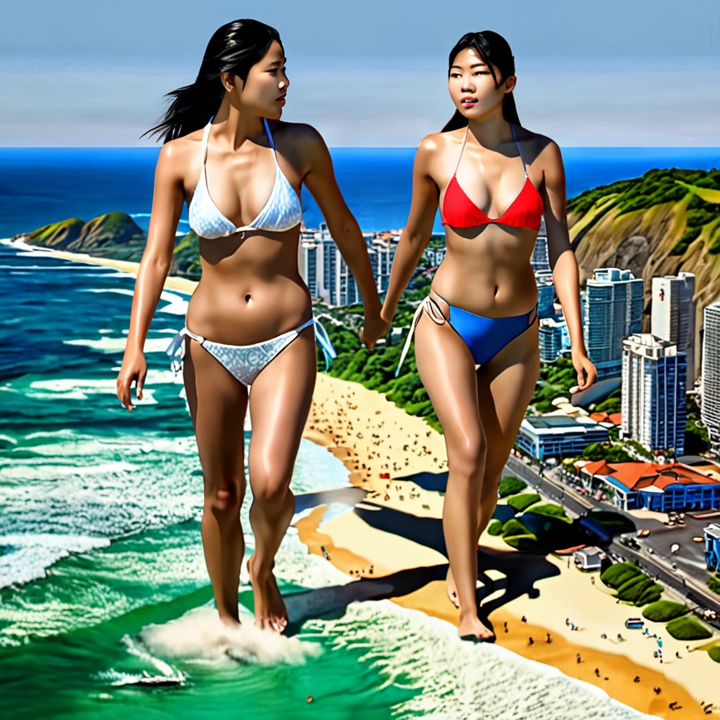 a colossal mother of 21 years and her ******* daughter of **, both towering at 10,000 kilometers in stature, both athletic, asians, idol face and in excellent physical condition, stroll towards the beach in their daring provocative transparent mini thong, extremely detailed, hyper realistic, 8k, masterpiece, photorealistic, physically-based rendering, vivid colors, dramatic lighting, cinematic, surreal, science fiction, fantasy, elegant, fashionable