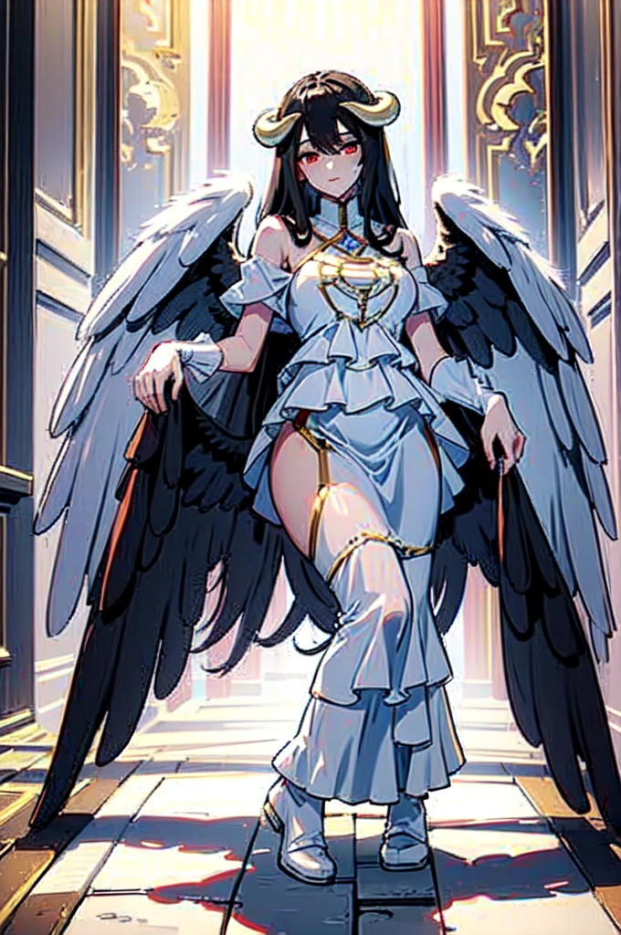 (masterpiece master) (creation, supreme) resolution, demon, red eyes, divine white dress, background in a forest, mischievous, black angel halos, white demon head,full body looking at viewer