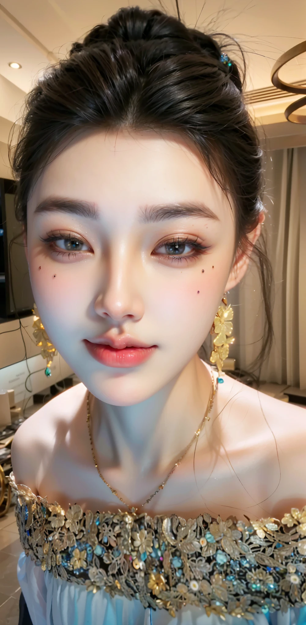 1 beautiful girl from hell, in the darkness: 1.6), 大卫霍克尼和阿尔方斯穆夏的Surreal女性肖像, realistic art, Chinese super cute doll, Cute little face,photorealism, dynamic lighting, art station, Volumetric lighting, Very detailed faces, round face, round chin, 8k ultra, won, in the darkness, deep shadow, low profile, denim lenses, (red phoenix dress: 1.4), long hair, black hair, broken to pieces, luxurious palace, royal style, Demon Crown, Red eye makeup is very sharp and detailed, the most beautiful face, The breasts are big and round, Surreal, Chinese women&#39;s clothing, polo neck sweater, charming smile, Eye makeup is very good, Eye bags under wet makeup, guweiz, Dunhuang style, Wearing black fishnet stockings, ponytail，Tie a bow at the back of your hair, red lipstick, thick upper lip, small red lips, Wearing a thin red and black robe, Pull the shoulder strap with both hands，Expose sexy breasts, The weather is gloomy and thunderous, (upper body portrait), Protagonist close-up, (Background details 1.8),human development report, ultra high definition, 8K quality, detailed pixels,