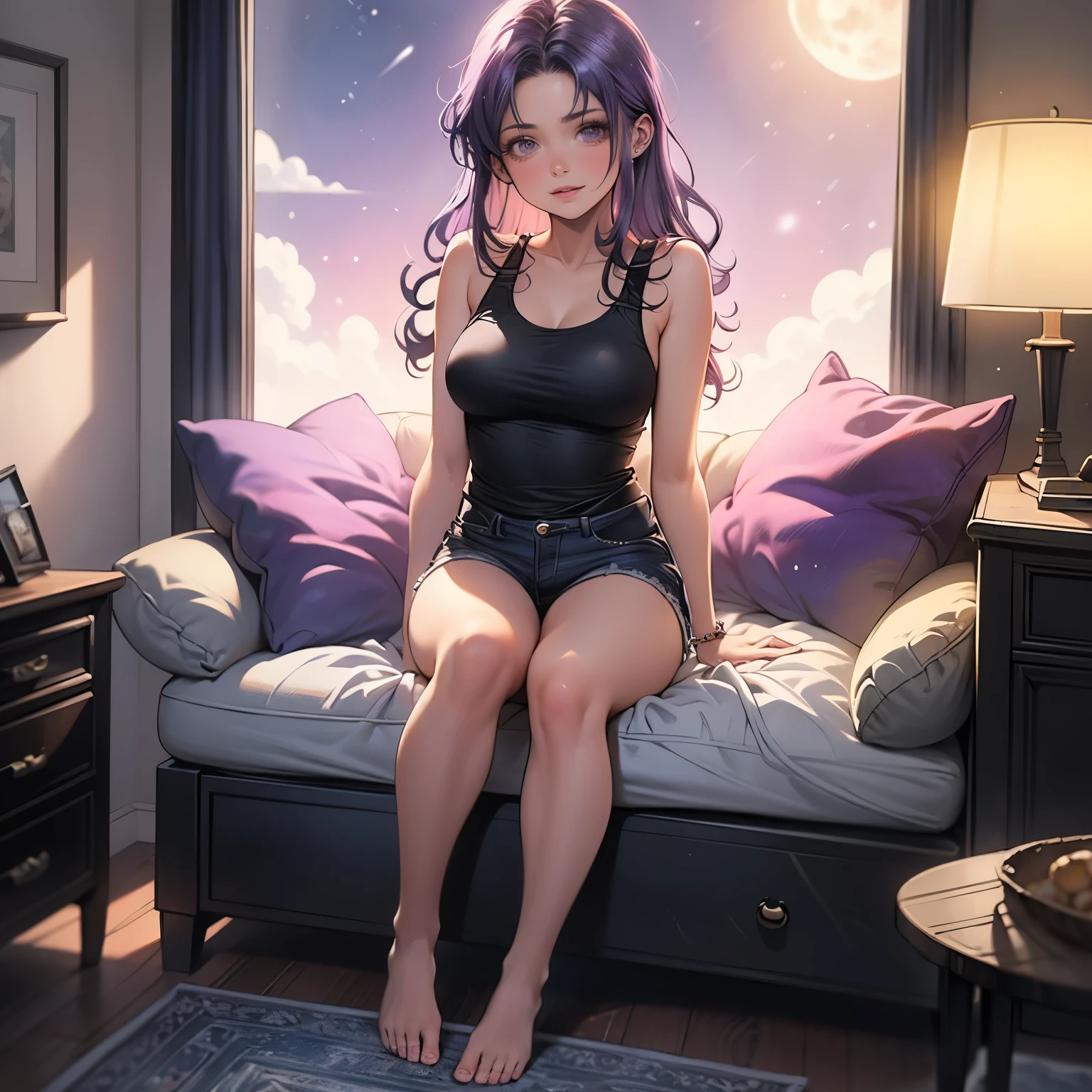 (masterpiece), best quality, 1girl, expressive eyes, perfect face, (purple hair), perfect anatomy, full body, 4k, HDR, full HD, alone, she is sitting near a window in her bedroom, she is watching the full moon, She wears a pink tank top, blue silk shorts to walk around her house, barefoot,