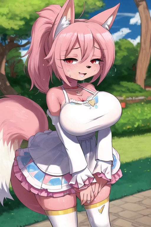 em Terans, por freeedon, by Clina, por coffeesoda, By Hioshiru, by Clina, furry, nazuna_hiwatashi, anthropomorphic, female, Alone, Standing, mocking look, (half-closed eyes), pink hair, Pink Tail, (white dress), (red eyes), (Looking at the viewer), (big breasts, quadris), (fox), sunny day(public park), (pink body, two-tone skin), (Blush, sweating), (ponytail hair), (Feeling like having sex), (Sweat flowing, warm, Sensual), (There is a desire to create.), (he finished)