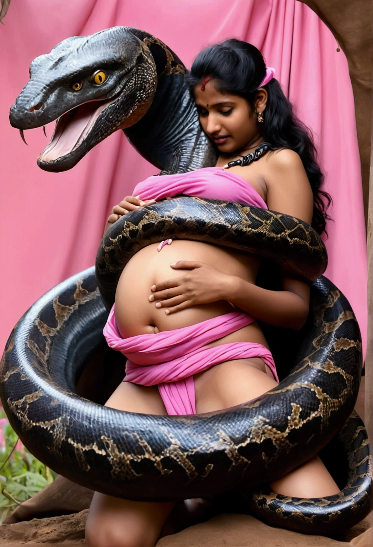 Pregnant aroused  horny beautiful happy very young indian teen village girl  wearing pink g-string  vs Giant  black colossal titanboa monster wrapped around her body squeezing her in coiled embrace cuddling and kissing sexual erotic bestiality sex realistic snake pit full body, best quality wet  nsfw  mating