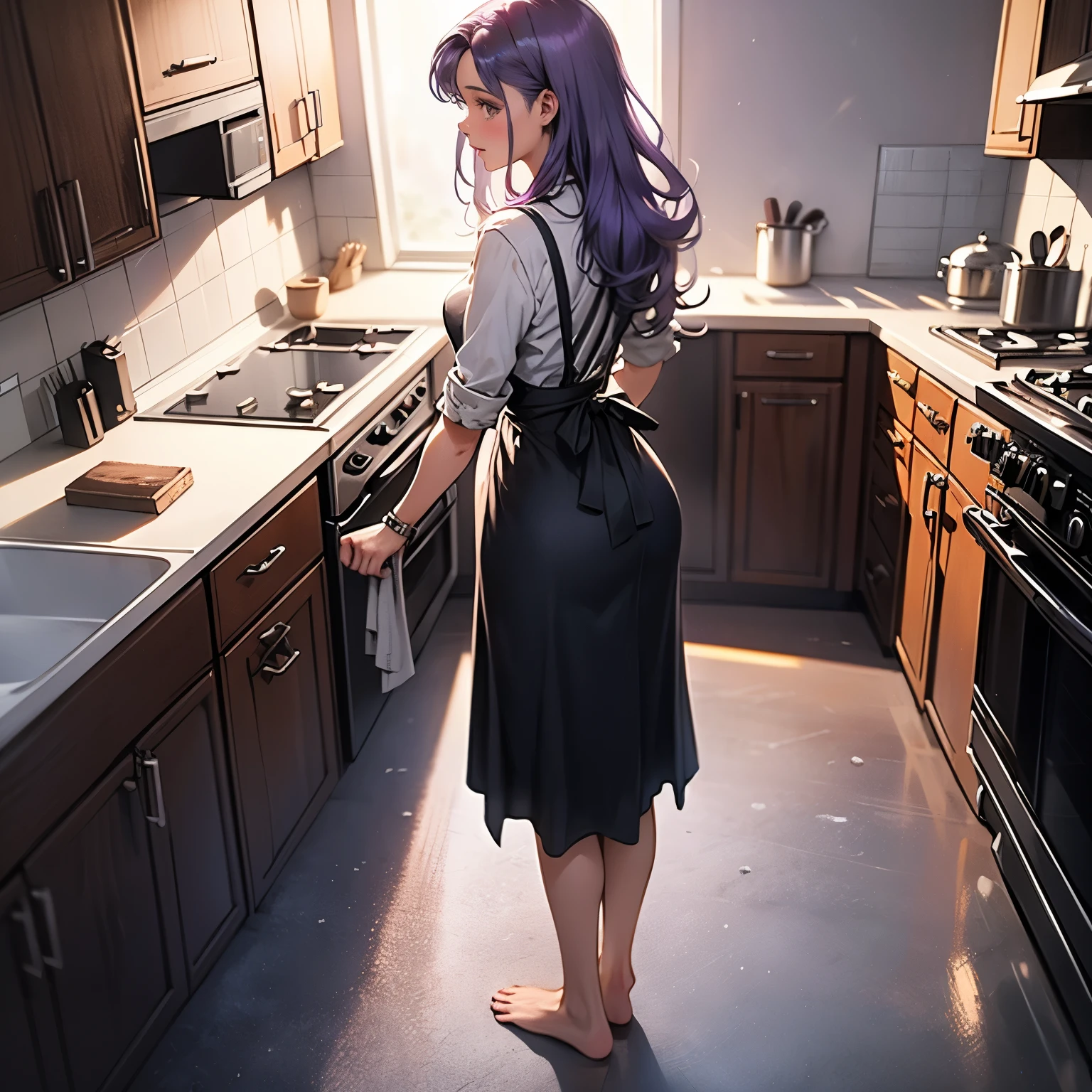 (masterpiece), best quality, 1girl, expressive eyes, perfect face, (purple hair), perfect anatomy, full body, 4k, HDR, full HD, alone, she is standing cooking, she is wearing only a kitchen apron, she is barefoot , is located in an elegant kitchen,