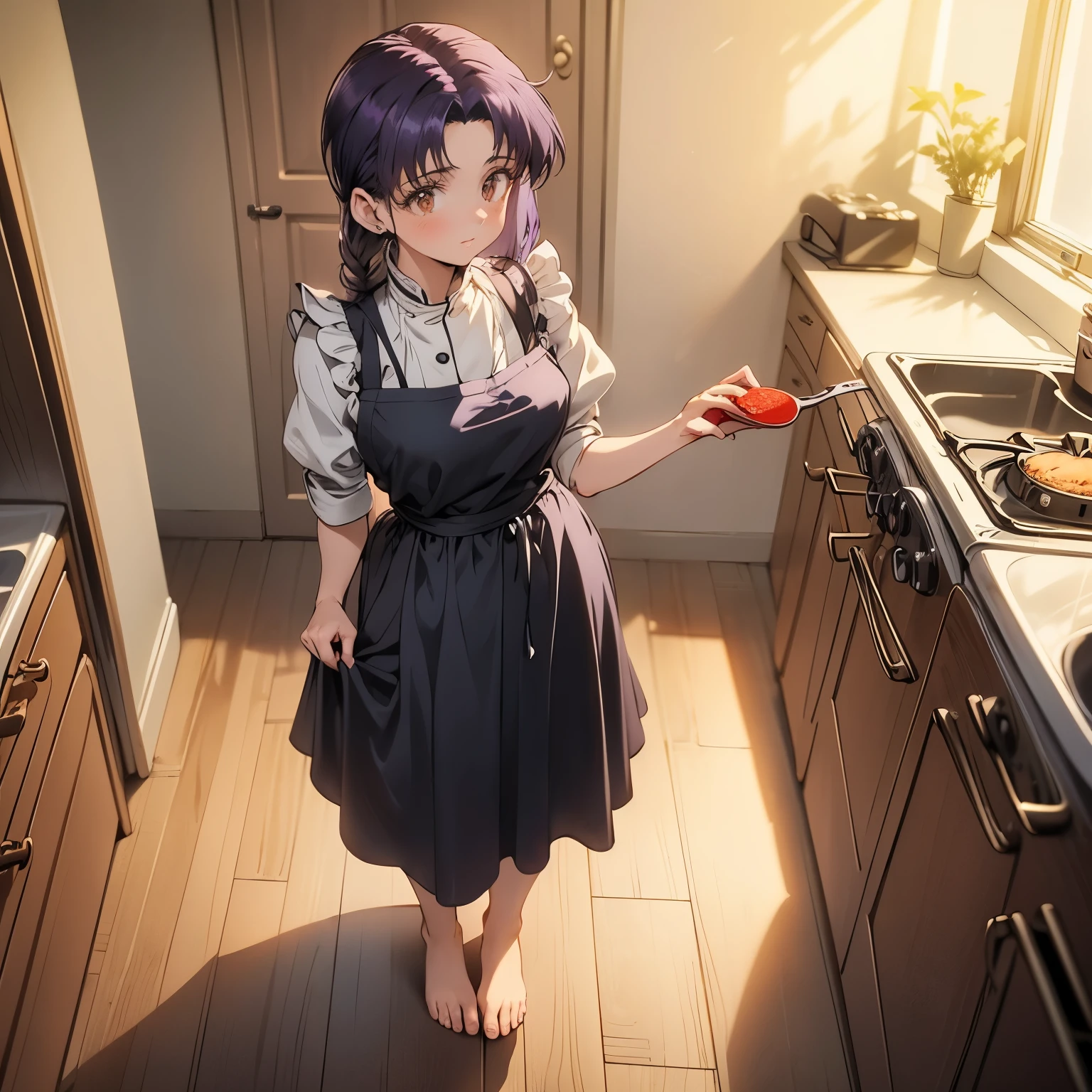 (masterpiece), best quality, 1girl, expressive eyes, perfect face, (purple hair), perfect anatomy, full body, 4k, HDR, full HD, alone, she is standing cooking, she is wearing only a kitchen apron, she is barefoot , is located in an elegant kitchen,