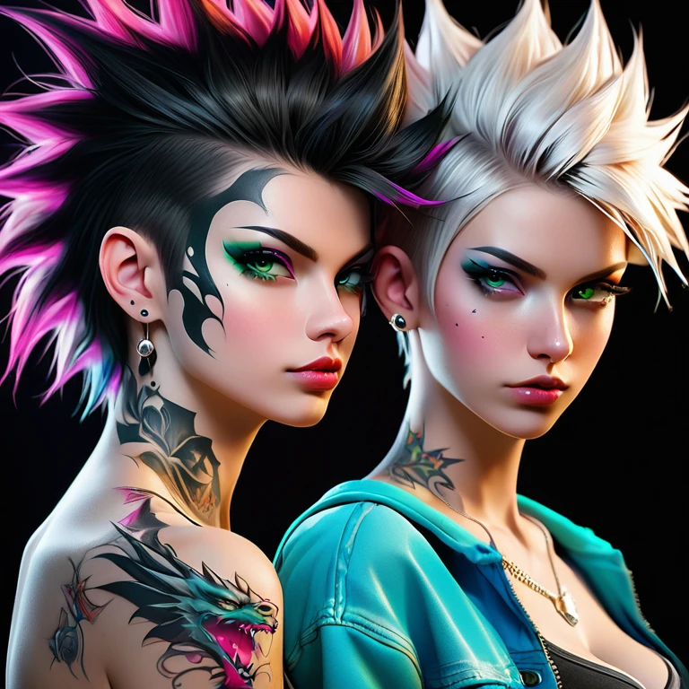 
Portrait of 2 cute Russian teenagers - a boy and a girl in the style of Alberto Seveso ,best quality, Very detailed, photorealistic, black hair on a punk boy and white hair on a punk girl, school heartthrobs ! Detailed eyes, upper body, naked torso, Luxurious Punk Hair, Avant-garde punk fashion, Avant-garde makeup, multiple piercings, Gold jewelry ,Heavily tattooed body, 3D Colored Tattoos, dragon tattoo on neck , abstract background, Backlight effect, shallow depth of field, black background" Meticulous, analog style, Focus on the eyes, of the highest quality, very detailed skin, photo of a very handsome Russian punk, perfect cute face, skin pores, penetration , green background, hips , clear focus, grainy lighting, Backlight ,high film grain, сфотографирован камерой Sony A7R IV, 18мм F/1.7 cinema lenses, very detailed, detailed development, 8 thousand., HDR, front view, upper body .