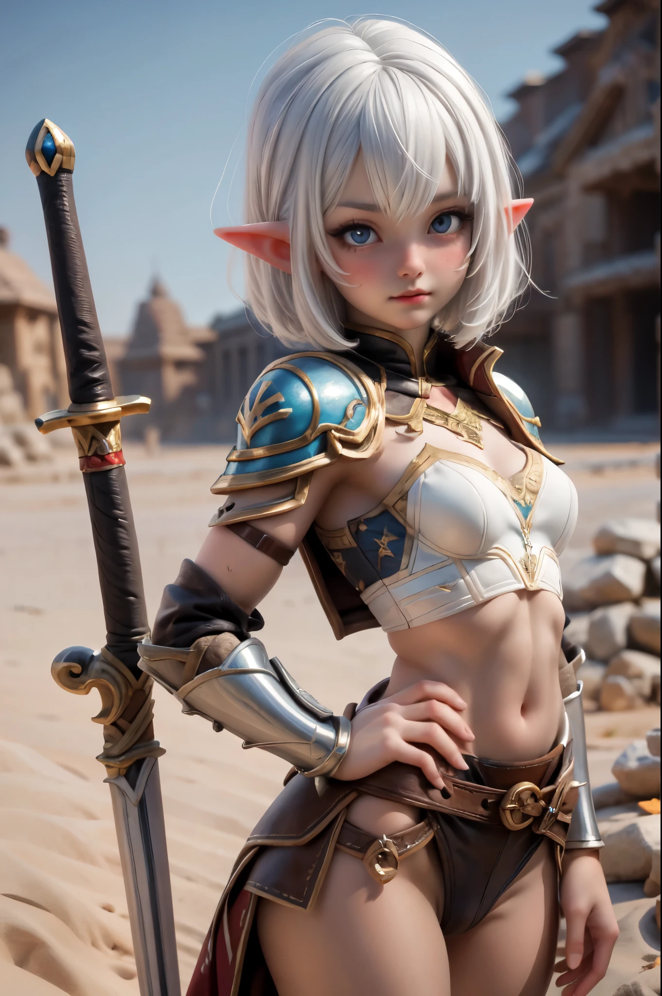 Ariel, upper body portrait, elf, ((short white hair)), beautiful, cute skimpy fantasy armor, warrior, midriff, fit, white hair, cowboy shot, desert background, realistic fantasy ,concept art