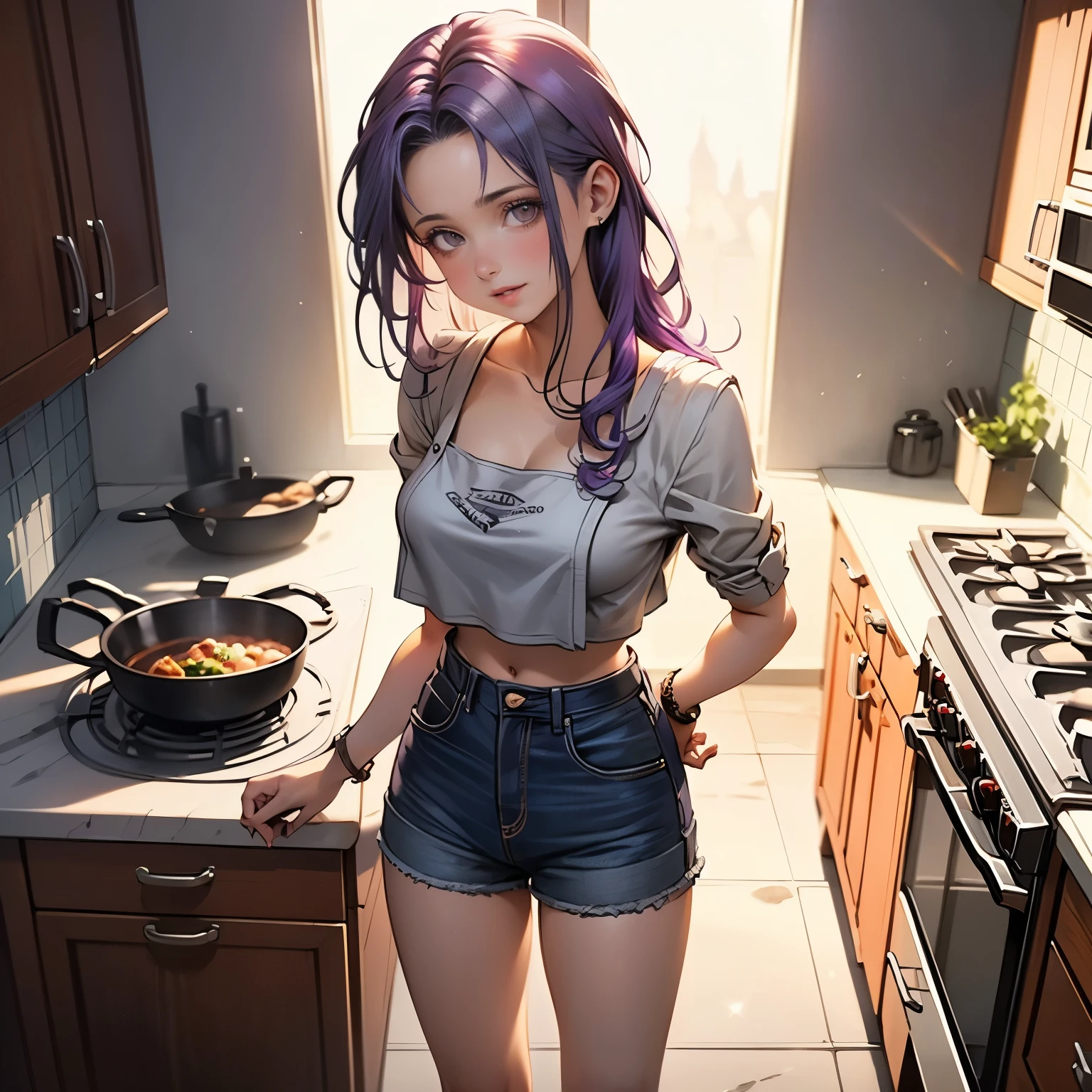 (masterpiece), best quality, 1girl, expressive eyes, perfect face, (purple hair), perfect anatomy, full body, 4k, HDR, full HD, alone, standing cooking, wearing a kitchen apron, under the apron She is wearing a white strapless crop top, she is wearing worn out denim shorts, she is barefoot, she is in a fancy kitchen,