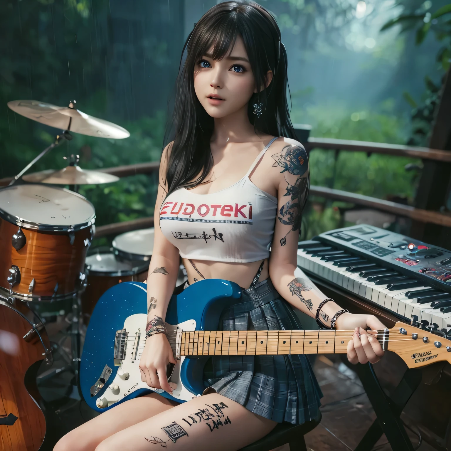 1Blittle girl,Fuerzas del inframundo,guitarra,Dormitando,raya de tigre,cola,Bigboobs,solamente,sudoroso,Topless,bragas