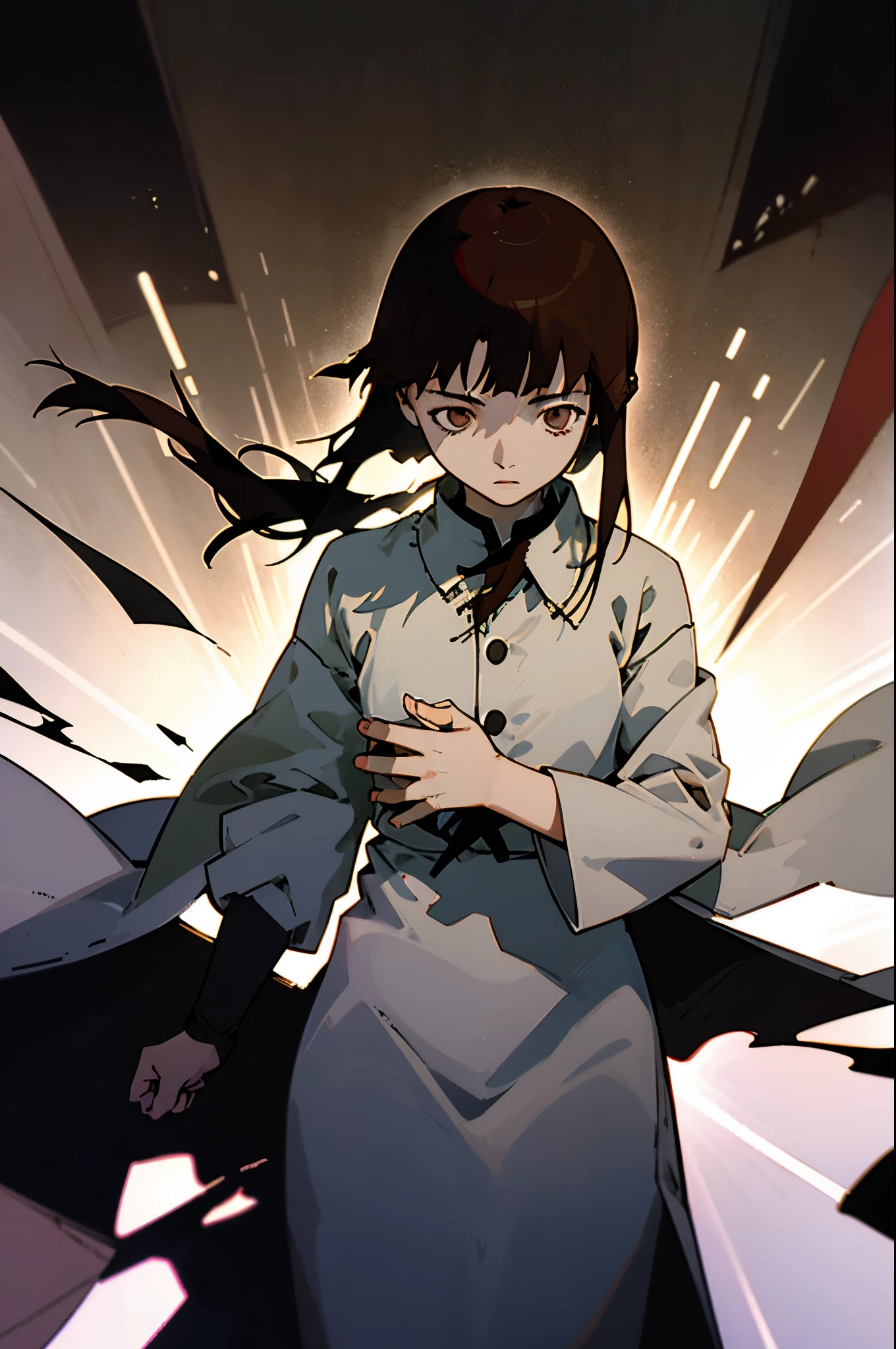 Generate an image of Lain Iwakura with her characteristic asymmetrical hairstyle, where the left side of her hair is longer to cover her ear. She stands in the center of the scene with a neutral expression, her pale skin and brown hair contrasting against a dark, ethereal background. As she moves, she leaves multiple afterimages of herself, as though she is splitting into numerous identical versions. These afterimages gradually become translucent as they trail behind her, forming ghostly figures that appear to merge into and out of her body. The scene conveys a sense of fragmentation, as if she is both part of and separate from the digital world, surrounded by glitch-like effects and faint light trails