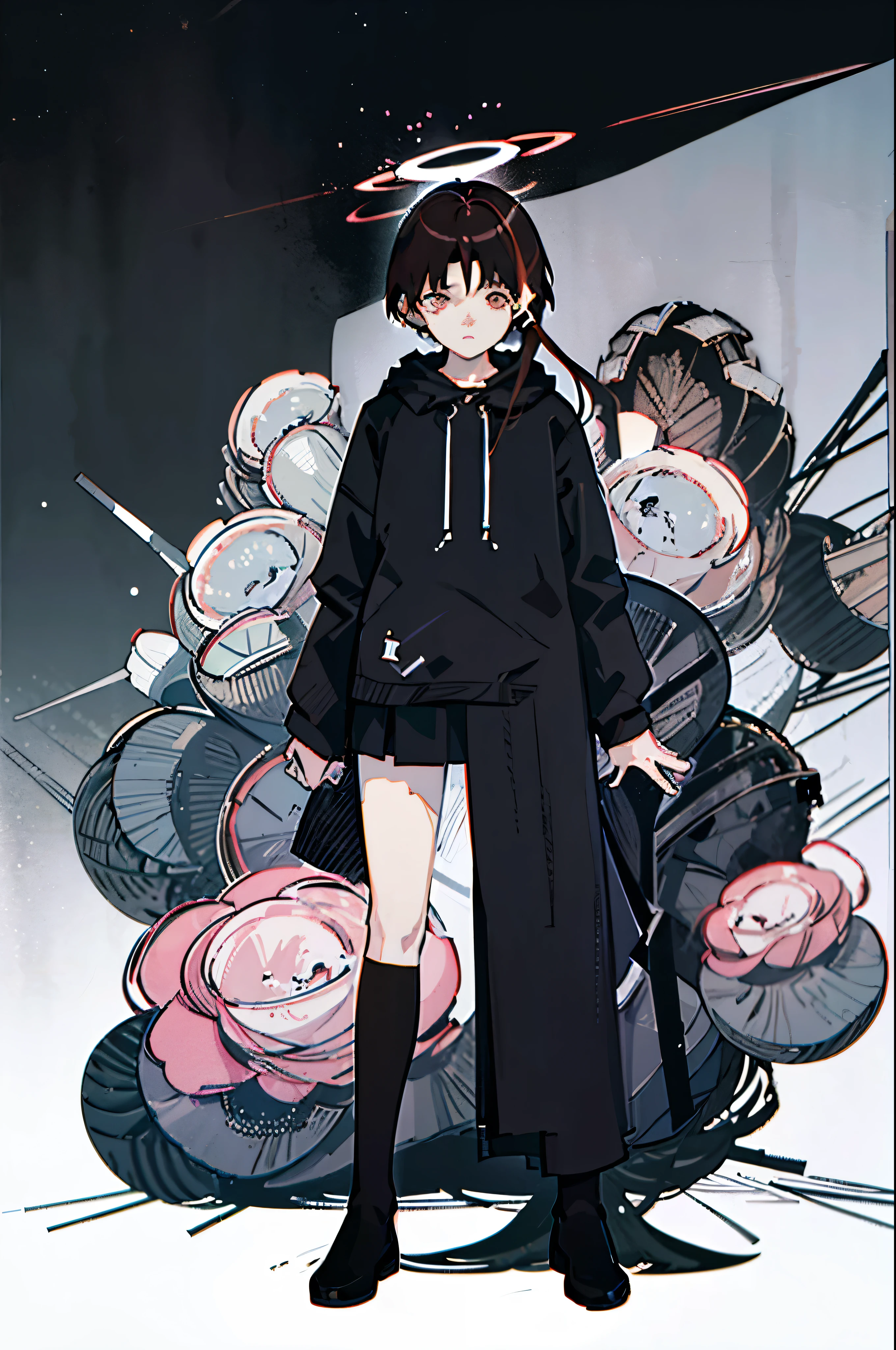 Generate an image of Lain Iwakura with her characteristic asymmetrical hairstyle, where the left side of her hair is longer to cover her ear. She stands in the center of the scene with a neutral expression, her pale skin and brown hair contrasting against a dark, ethereal background. As she moves, she leaves multiple afterimages of herself, as though she is splitting into numerous identical versions. These afterimages gradually become translucent as they trail behind her, forming ghostly figures that appear to merge into and out of her body. The scene conveys a sense of fragmentation, as if she is both part of and separate from the digital world, surrounded by glitch-like effects and faint light trails