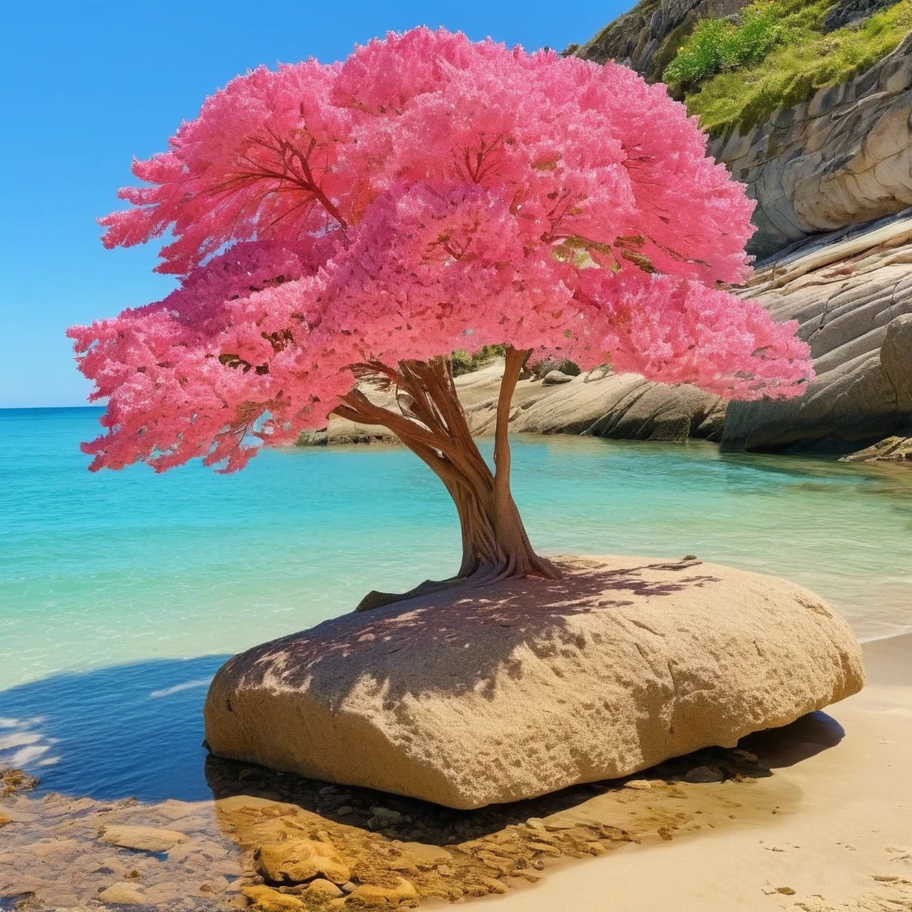 an amazing pink tree on a rock on the beach, in the style of realistic depiction of light, passage, faith-inspired art, abandoned spaces, light-filled scenes, immersive environments, flower and nature motifs --ar 14:25  