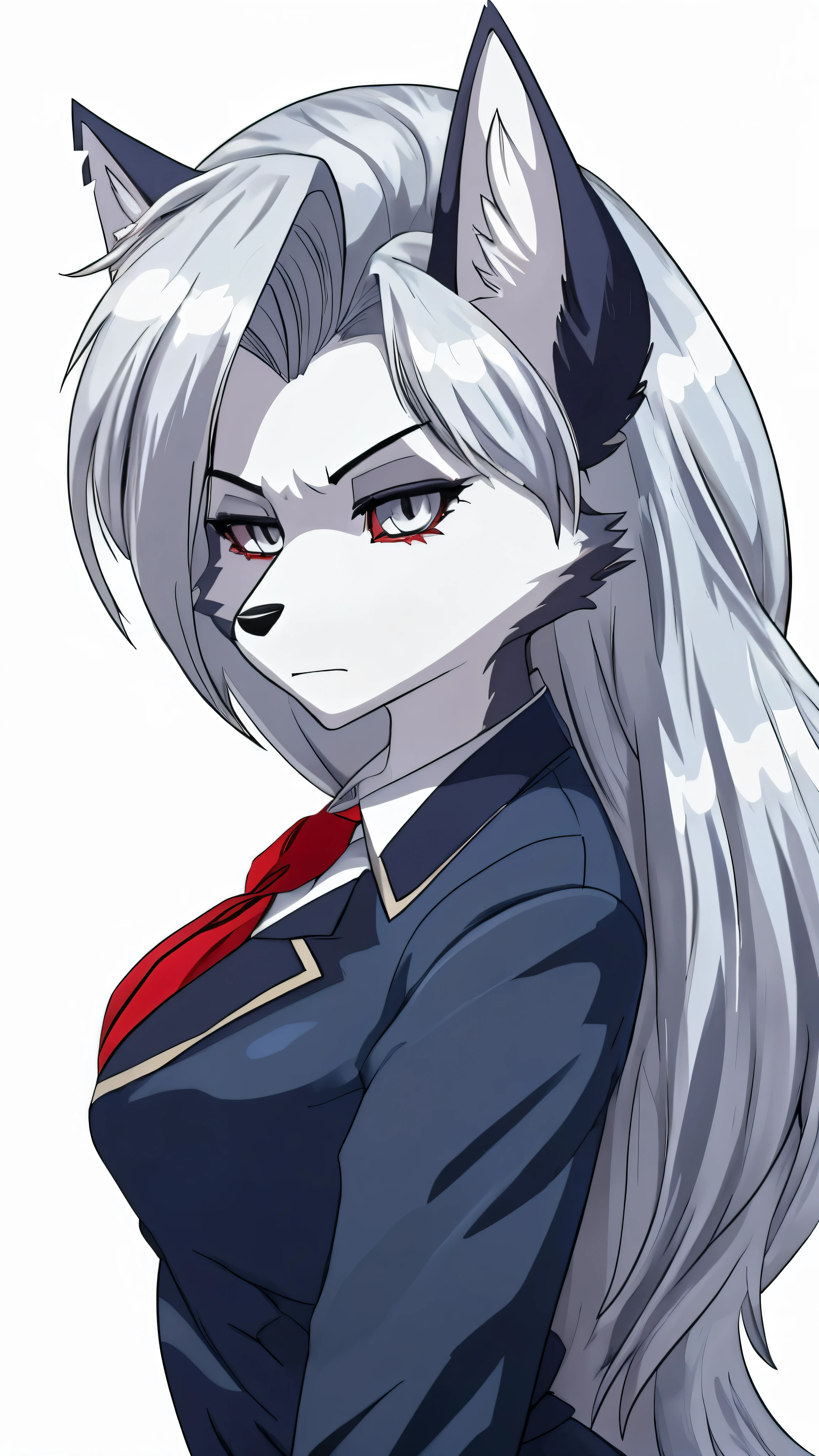 Loona from Helluva Boss, female wolf, anthro, mature adult woman, tall adult woman, white hair, grey eyes, detailed, solo, beautiful, high quality, cold stare, stern expression, calm, looking at side, anime, Shimoneta, Anna Nishikinomiya uniform, full body, white background, 4K