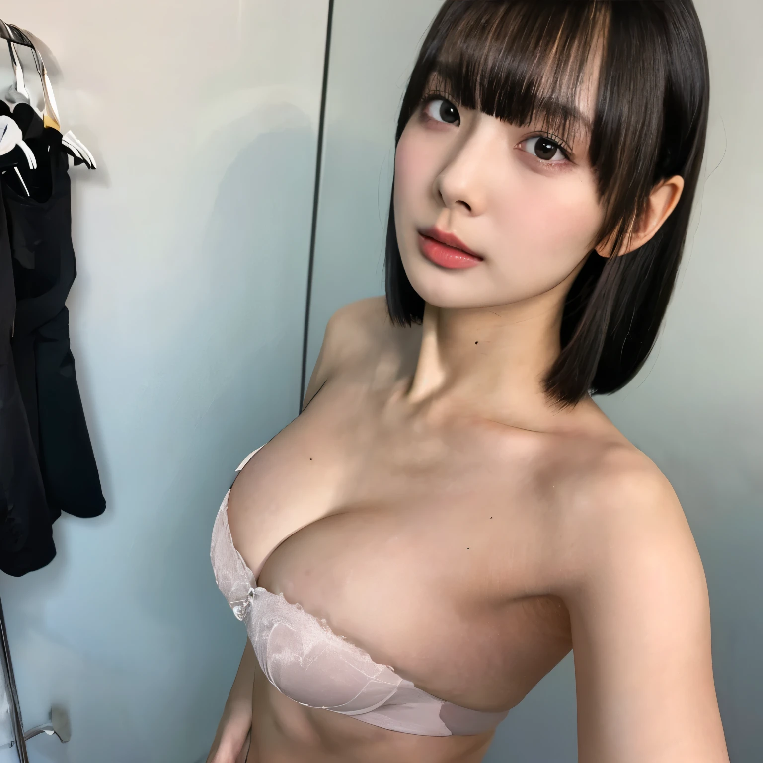 (japanese cute girl:1.4), (****:1.4), (black panty:1.3), (medium breasts:1.4), BREAK, ((hidden camera, spycam, voyeur, fitting room, undressing, holding clothes, topless, breasts, nipples, low angle)),(looking away:1.4),BREAK,