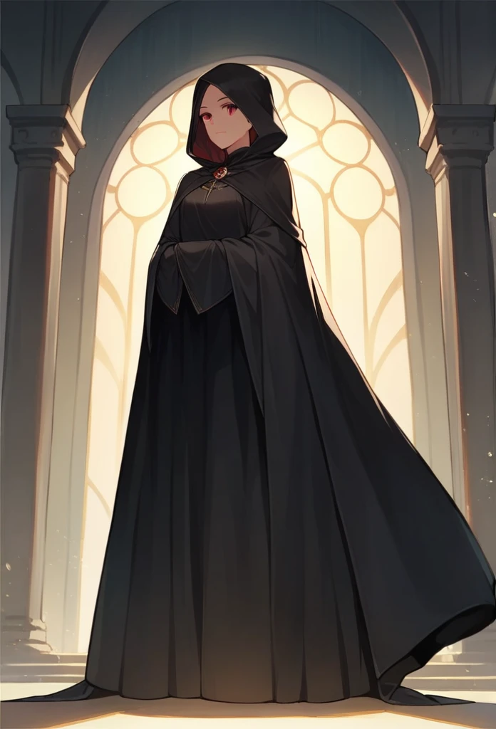 NNAssassinFSF, 1girl, solo, median breasts, black hair, red eyes, long sleeves, dress, hood, long skirt, black dress, cape, black cloak, hood up, black robe, covered mouth, hooded cloak, ((masterpiece,best quality)) city, night