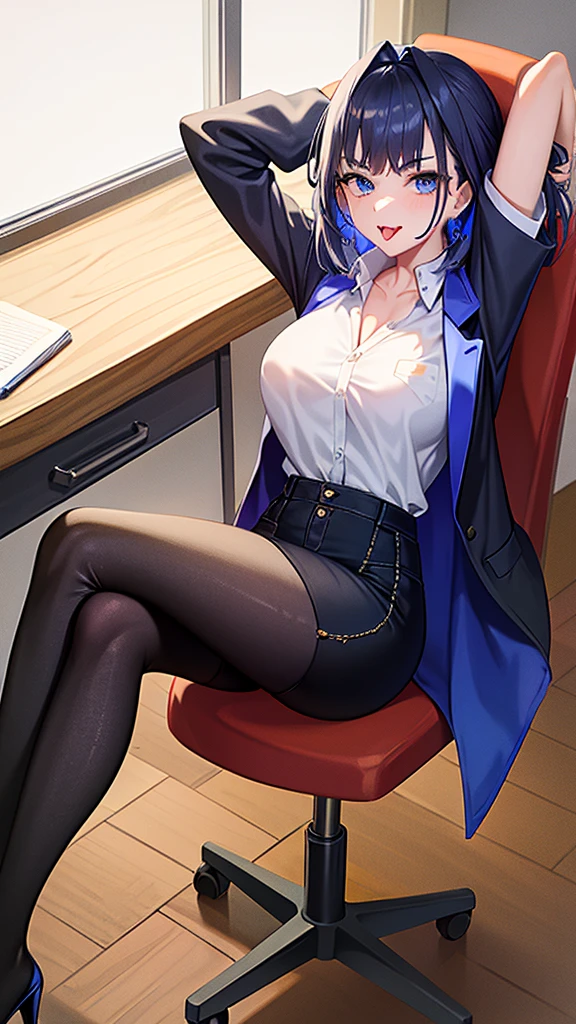 Open your mouth,Stretching out the tongue,Saliva dripping from the tongue,Clothing:pants style,whiteblouse, black jacket,blackhighheels,sheerstockings,opennecked blouse,Location: In frontof an office desk, with company desks and chairs in the background,1K resolution,(girl 1), Shoot from various angles,Take various poses,(1 right arm:1.1), (1 left arm:1.1), (1 right leg:1.1), (1 left leg:1.1), (5 right fingertips:1.1), (5 left fingertips:1.1)