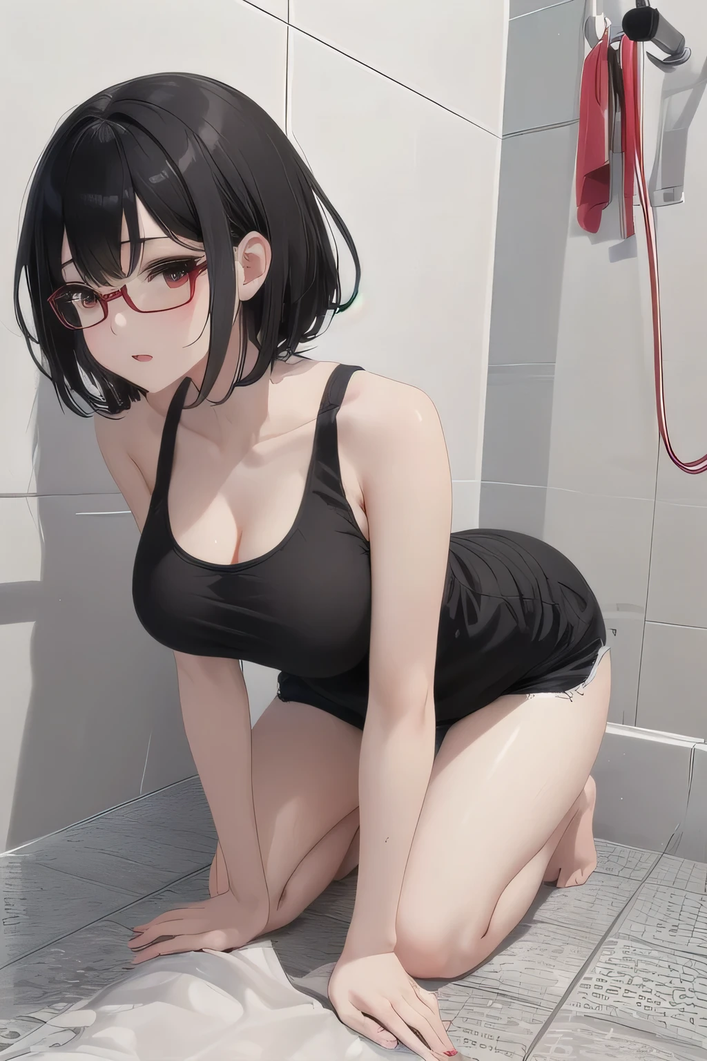 NSFW、Short black hair、Red glasses、Big Breasts、Black shorts、White tank top、Bathroom、Crouch down and turn around、Handjob、penis