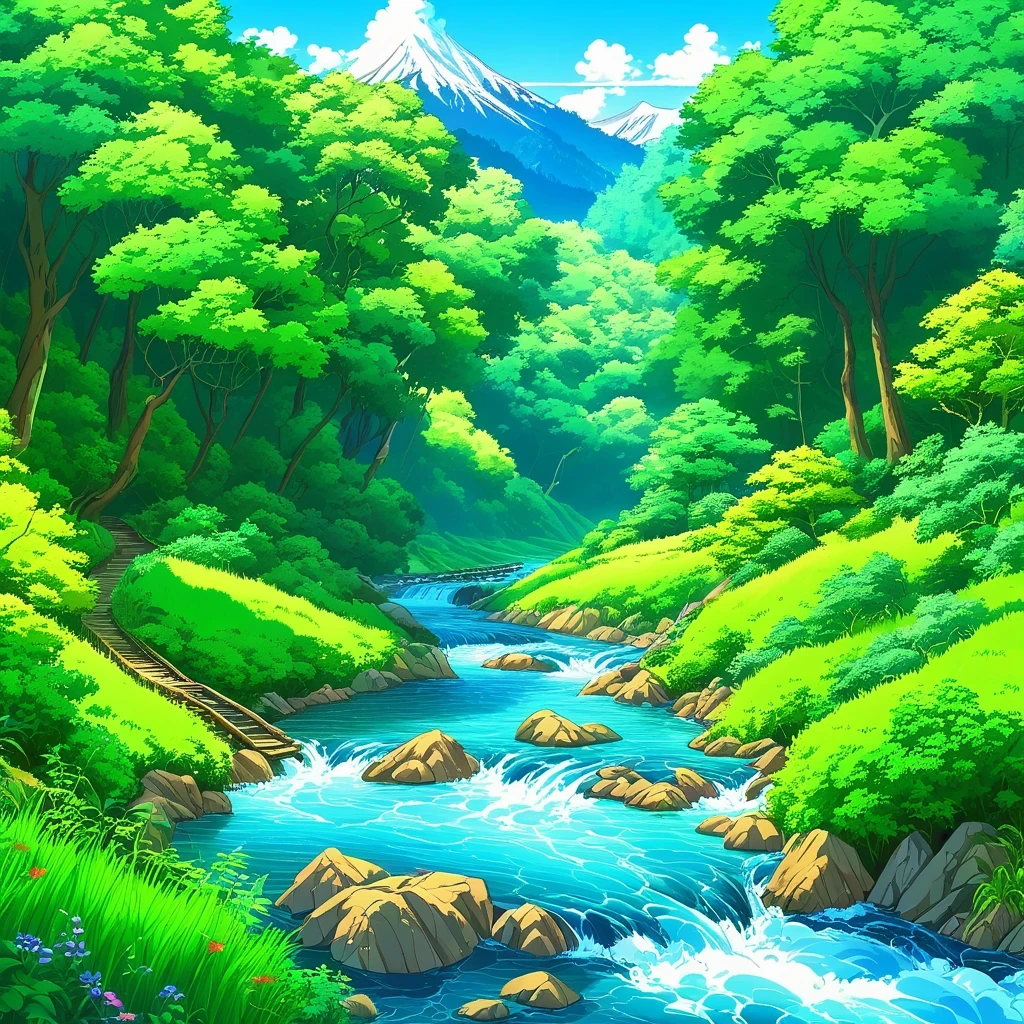 painting of a stream running through a lush green forest filled with trees, detailed painting 4 k, mountains river trees, anime landscape wallpaper, beautiful art uhd 4 k, anime countryside landscape, detailed scenery —width 672, beautiful digital painting, 4k highly detailed digital art, beautiful anime scenery, 8k high quality detailed art, anime nature wallpap, anime nature