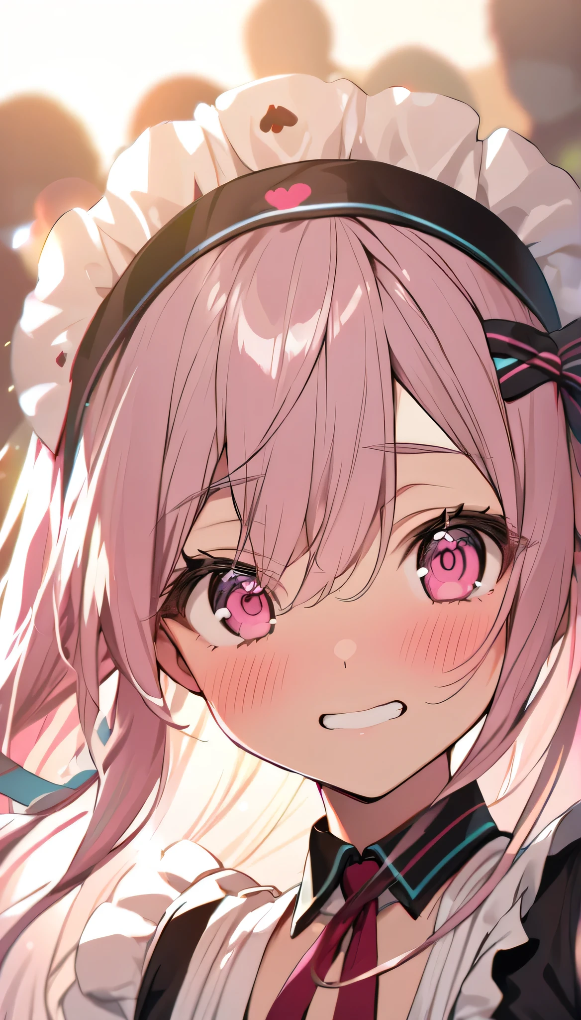 (highest quality), (masterpiece), 1080p, hd, 4k, 8k, Only nipples exposed, high school student, small breasts, whole body, white ribbon, clear, embarrassed face, blush, embarrassed, white maid, Photographed from the front, pink hair, long hair, white room, white wall, white background, 18-year-old
