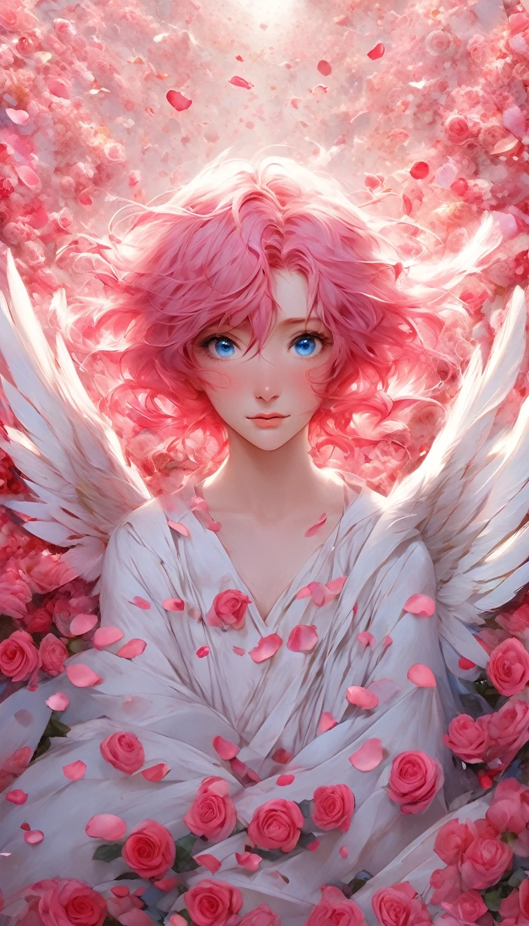 masterpiece、Best Quality、Beautiful anime angel with pink hair and blue eyes surrounded by rose petals