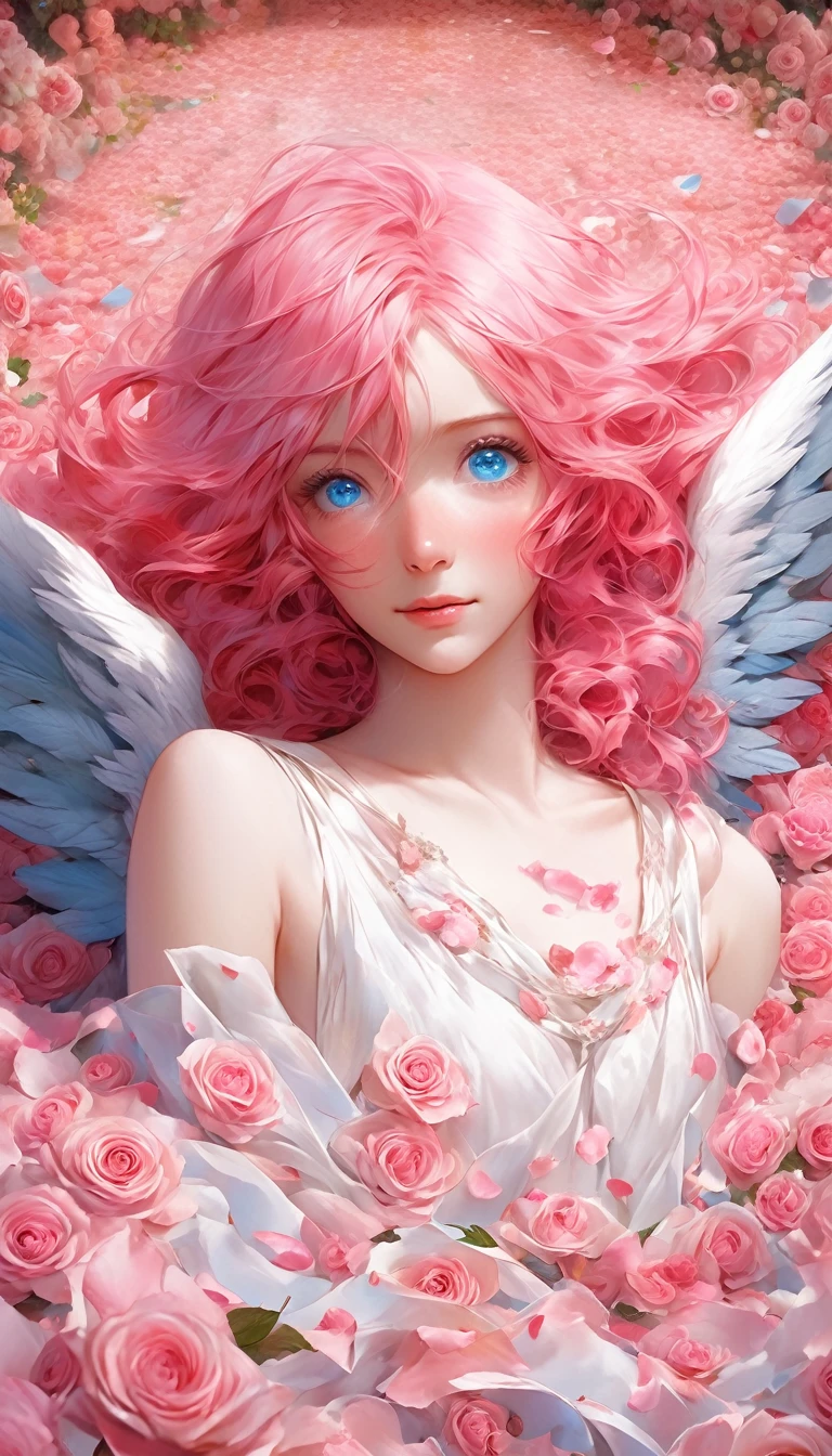 masterpiece、Best Quality、Beautiful anime angel with pink hair and blue eyes surrounded by rose petals