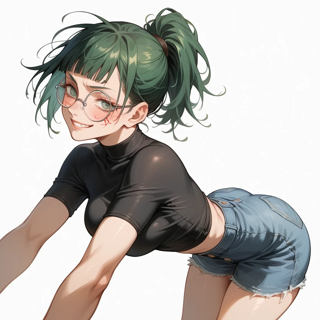 Maki Zenin Jujutsu Kaisen, alone alone, alone, dark green hair, hair tied ponytail, wearing tight black top, very short jean shorts, ultra detailed green eyes, smiling and blushing expression, white background, wearing round frame glasses, Ultra detailed HD, white background, with brown burn marks all over his body, full body