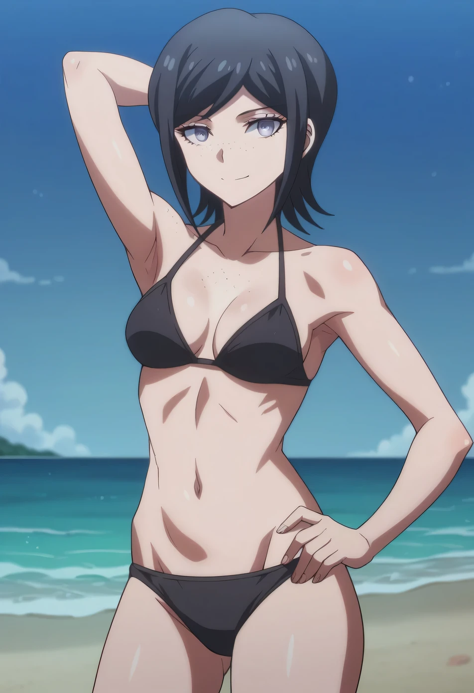masterpiece, high quality, solo, 1 girl, looking at viewer, smile, black hair, bob hair, yellow eyes, bikini, ocean, beach, sunshine,