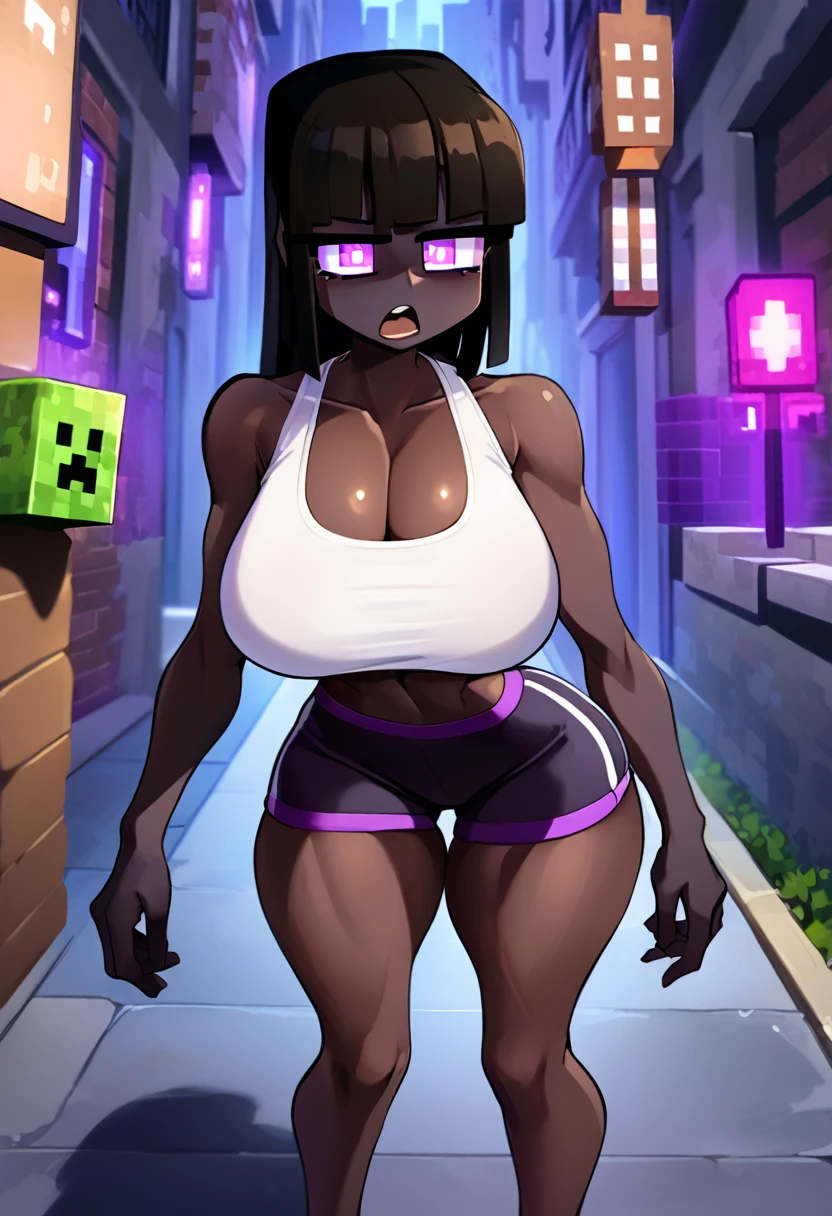 (8k, best quality), (((best quality))), MylesPrower, Miles Prower, 1girl, cowboy shot, full body from thighs up, female anthropomorphic Enderman, Enderman-minecraft, toned and athletic body, dark purple-black skin, long limbs, glowing purple eyes, thick thighs, wide hips, well-endowed, slim waist, long and sleek limbs, glowing eyes, white crop top, tight shorts, hotpants, cleavage, open mouth, looking at viewer, dynamic pose, purple aura, glowing highlights, outdoors, mysterious city background, volumetric lighting, soft shadows, elegant posture, sharp focus, cool, thicc hips, huge breasts, slim waist, black crop top, hotpants, cleavage, open mouth, score_9, score_8_up, score_7_up, score_6_up, score_5_up, score_4_up, (source_anime), cooliehigh, minecraft body, minecraft nsfw style, 