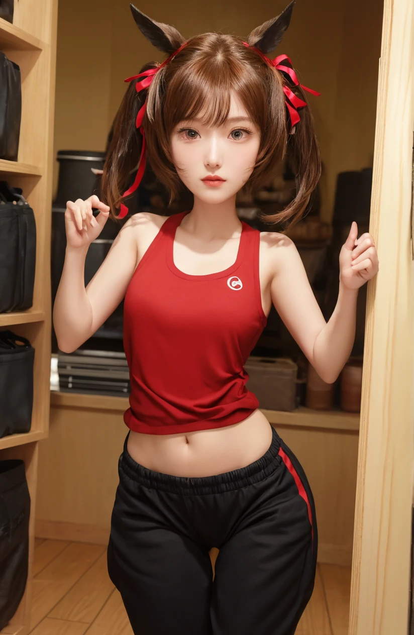 NSFW, 8K raw photo, best quality, masterpiece, ultra high definition, film grain, filmg, 1girl, Japan people, viewer look, natural skin texture, realistic eye and face details, full lips, lipstick, wearing cheergirl, wearing cheergirl uniform, wearing white sleeveless, navel not showing, wearing a yellow skirt (2cm above the knee), undercoat is black, Full body, doing flexibility exercises, sweaty skin, Kazue Kato, Akiko Takase, Kiyoko Suzuki, Rinko Kawaichi, Yuka Kazami, Shiori Teshirogi, Yasumoto Oka, Ayami Kojima, Takeyuki Kanda, Chiho Ajima, Aoi Ogata, Nobumasa Fujiwara, Aya Takano, Etsuko Miura, Tsugumi Oba, Chiho, Aya Takano, Yasumoto Oka, Mao Hamaguchi, Height 158cm, Weight 53kg, Bust 83cm (D cup), Waist 61cm, Hips 86cm, long hair in a ponytail with a red ribbon, bangs, hair damp with sweat, Japan person, 18 years old, naïve college girl, 1 woman, --auto --s2