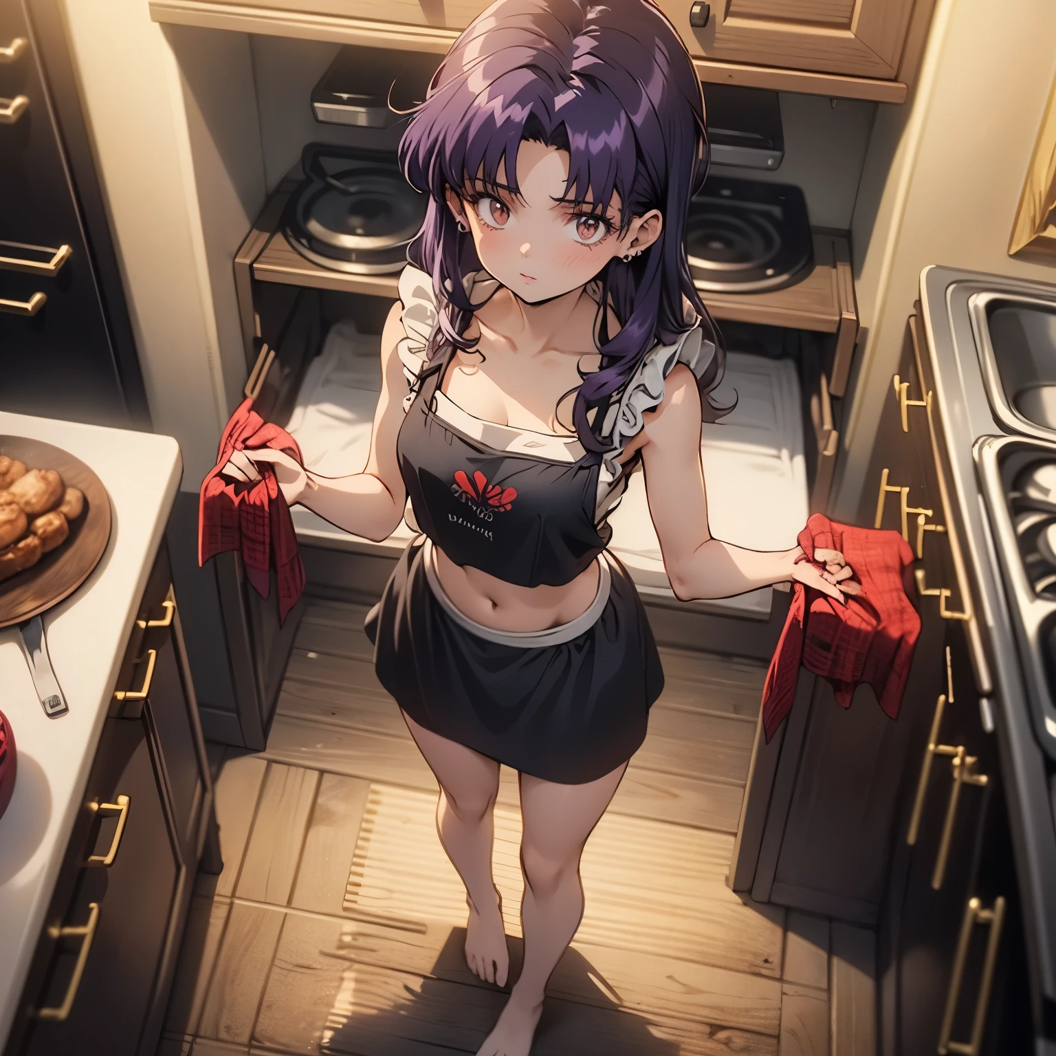 (masterpiece), best quality, 1girl, expressive eyes, perfect face, (purple hair), perfect anatomy, full body, 4k, HDR, full HD, alone, he is standing cooking, he is wearing an apron with a flower design, Under the apron she is wearing a red strapless crop top, she is wearing green silk minis, she is barefoot, she is in an elegant kitchen,