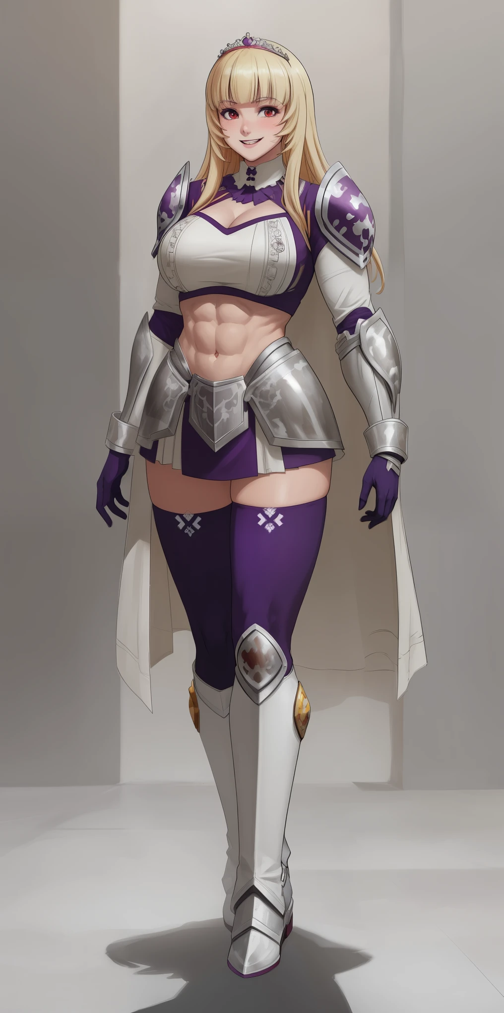 full body, Maria Fianna, RED breastplate, looking at viewer, shiny, armor, thighhighs, high boots,shoulder armor, faulds, poleyn, gloves, gauntlets, rerebrace armored boots, pauldrons,(masterpiece, best quality, ultra-detailed, best shadow) pointy ears, muscular lean, purple hair and red eyes, lustful smirking smile face red blushed, blush, strong abs, female body builder, tiara