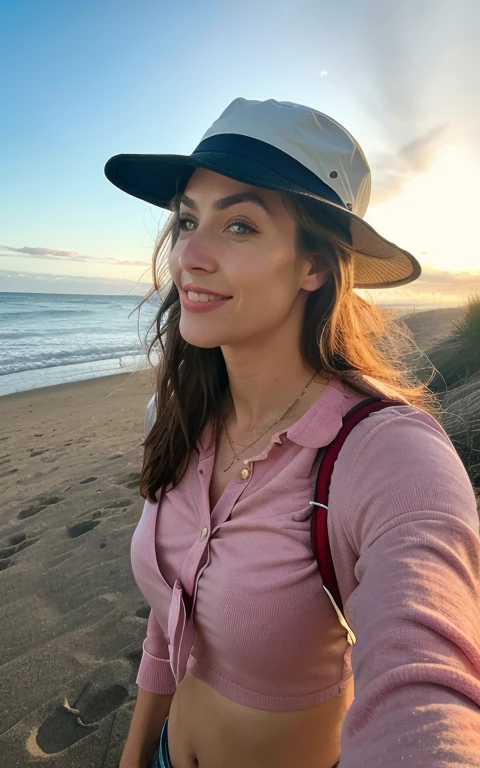 1 woman ((sea selfie, with crossed legs)), masterpiece, best quality, ultra-detailed, on the beach, (day), nature, cheerful, looking at the sea, happy, backpack, beach hat, pink shirt small sleeve closed, shadows, contrast, clear sky, style, (warm hue, warm tone: 1.2), close-up, cinematic light, side lighting, ultra high resolution, best shadow, RAW, face part, serious look, normal breasts, 4k,