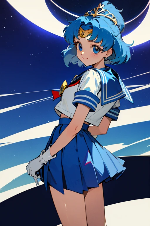 {best quality:1.5}, {very aesthetic:1.5}, ami mizuno, (sky dynamic:1.1),blue eyes, blue hair, short hair, parted bangs,back bow, blue bow, blue choker, blue sailor collar, blue skirt, bow, choker, earrings, gloves, jewelry, magical girl, miniskirt, pleated skirt, sailor collar, sailor senshi uniform, skirt, stud earrings,The tiara is worn only on the forehead,looking back,standig,smile,Negative:masterpiece,best quality,ultra detailed,