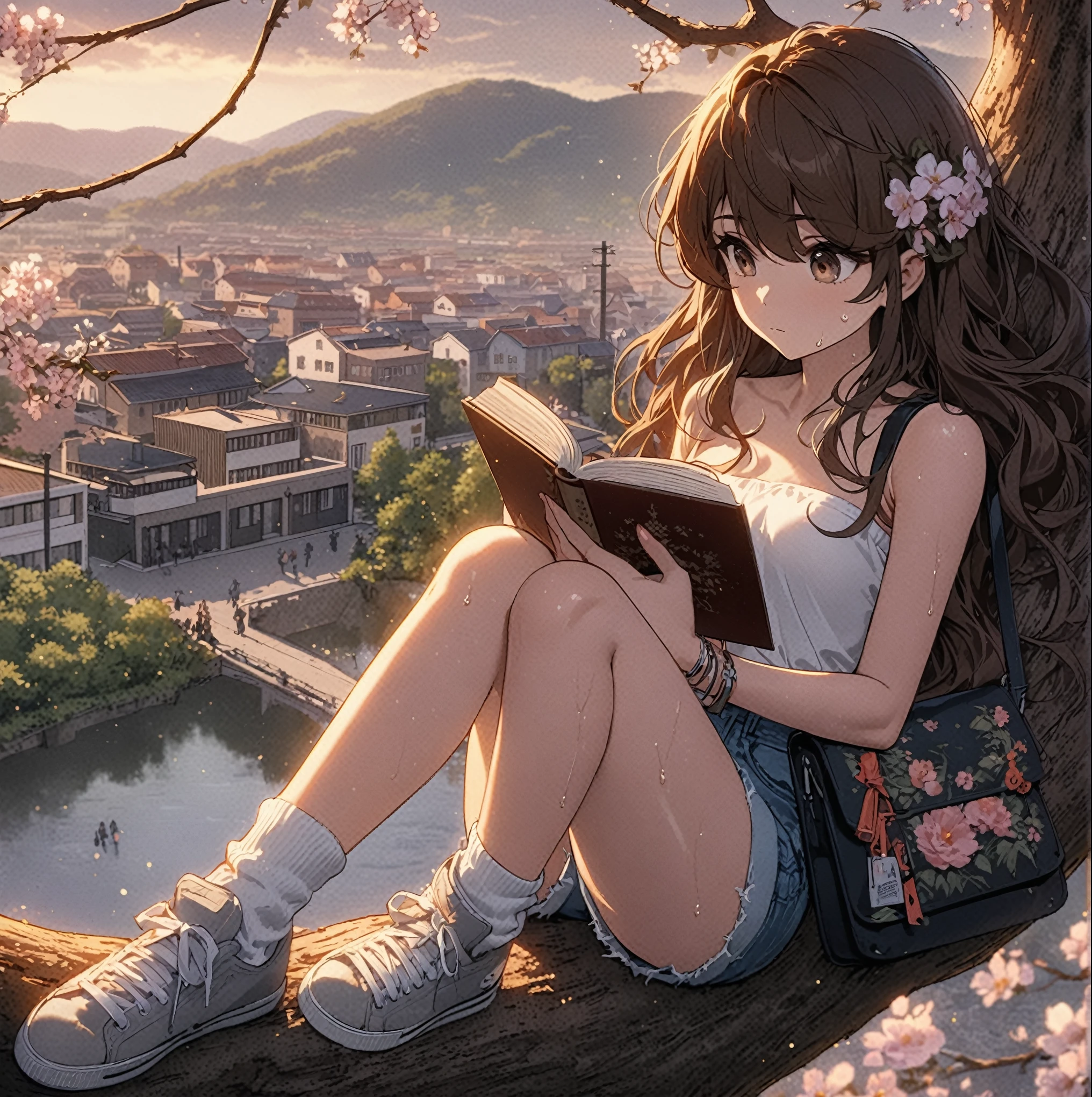 The brunette girl was alone in Tokyo,Reading a book,mini skirt,Attractive legs