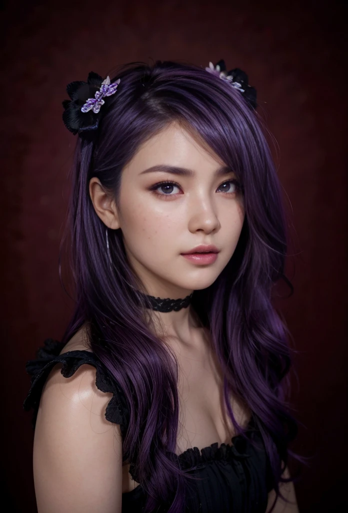 Sublime very sexy Asian woman with twin tails ,(((((woman with twin tails))))), Detailed lips, detailed eyes, detailed eyelash, detailed face, sublime and detailed body, long cheveux violet, visage de séduction, ((violet make-up)), photo du milieu du corps, ((porter un costume)),(( Une cravate violette, photo noir et blanc et violet, only black and white and purple photo)), (((photo noir et blanc et violet : 2.0, only black and white and purple photo :2.0, purple only on iris and make-up and hair, b/w, b&w)))