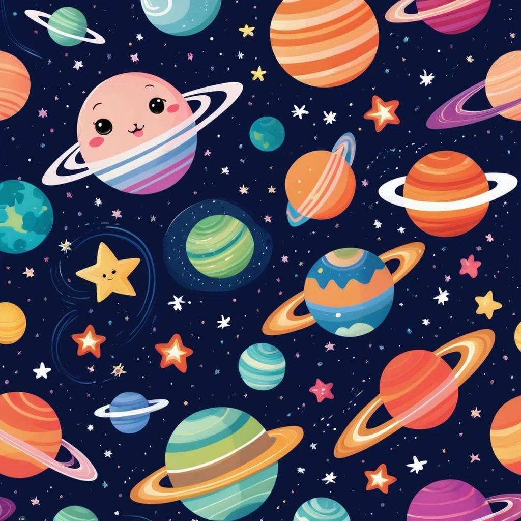 galaxies, rocket, planets, stars, cute illustration, cute art, cute characters, cute digital art, illustrated in whimsical style, children&#39;s illustration, cute features, illustration, cozy calm, cute detailed digital art  