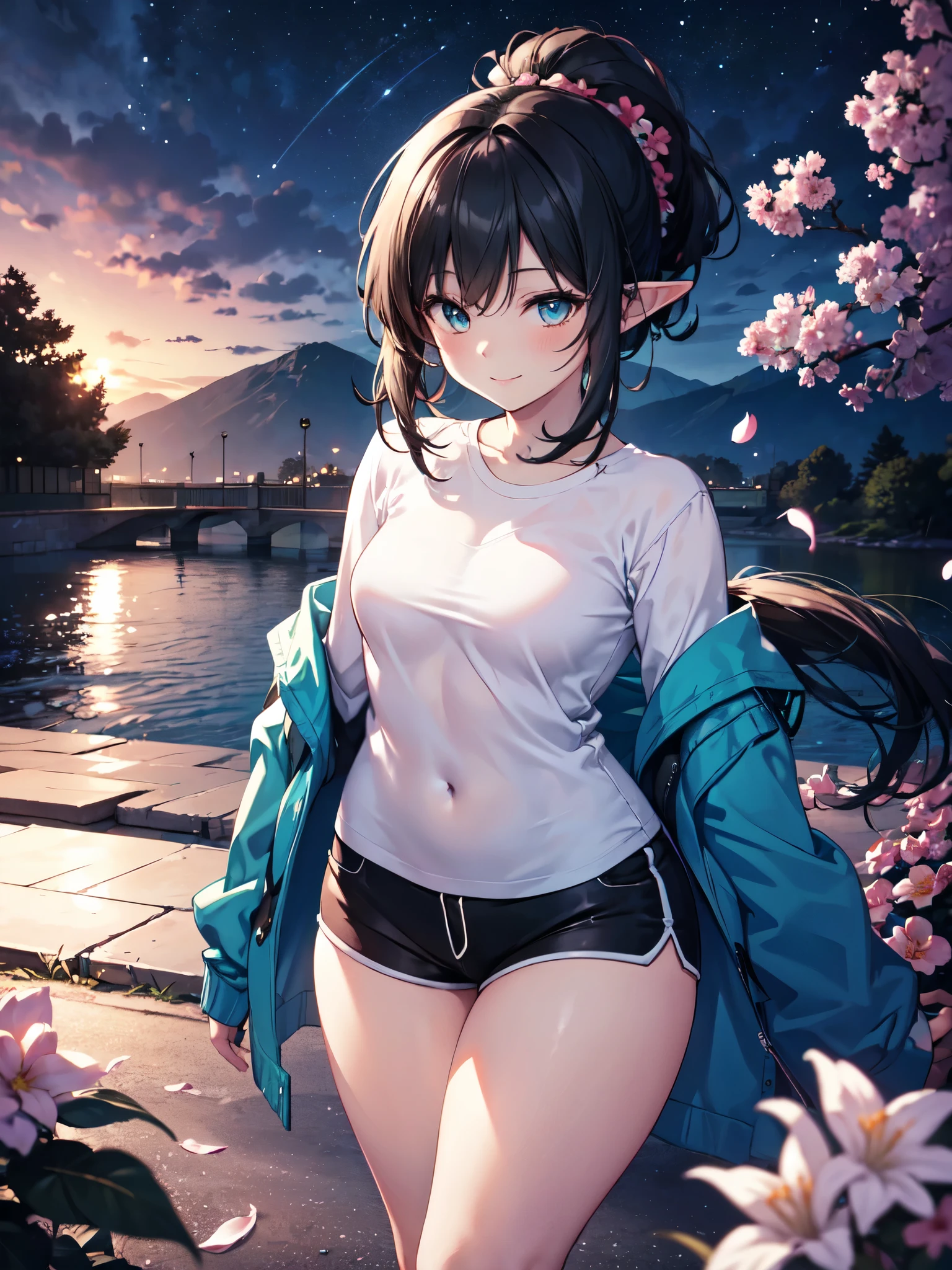 ((kinako (shiratama mochi) style)), nsfw, ((topless)), erect nipples, puffy nipples, masterpiece, fair skinned, solo, 1 girl, nipples, navel, intricately detailed, cloudy day, shorts, roadside, old waiting shed, japanese countryside, cloudy day, navel, necklace, smiling, extremely detailed, puddle, hydrangea flowers, sitting, raining, bare breasts, bare stomach, sweaty, wet body, small breasts, ponytail, black hair, slim waist, bench, mountainous, cg masterpiece, quiet, side bangs, innocent face, electric poles, typhoon, heavy rain