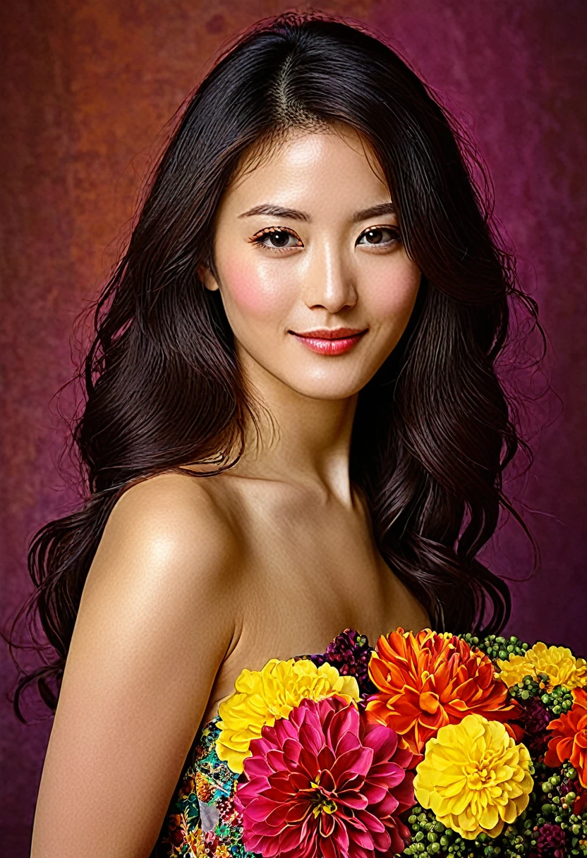 Portrait of a woman in her twenties，Rich colors、Brightly colored flowers々