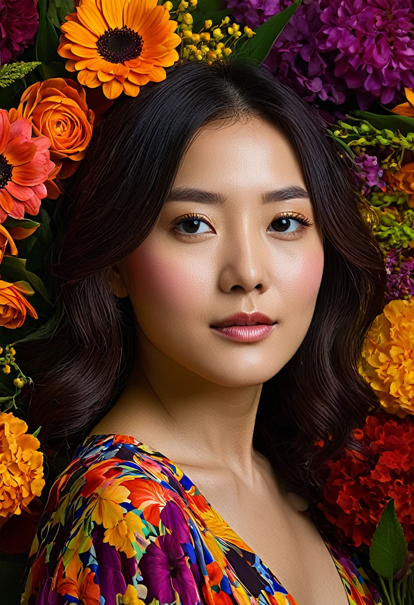 Portrait of a woman in her twenties，Rich colors、Brightly colored flowers々