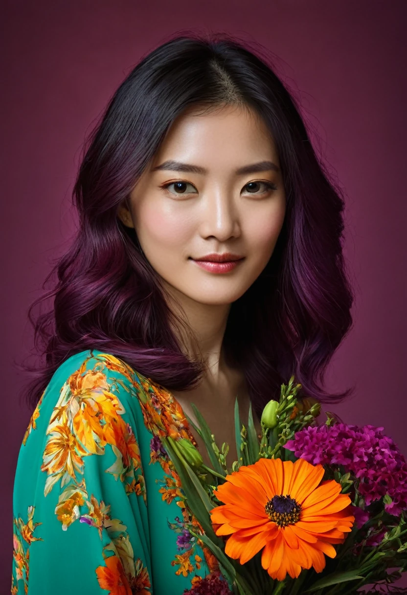 Portrait of a woman in her twenties，Rich colors、Brightly colored flowers々