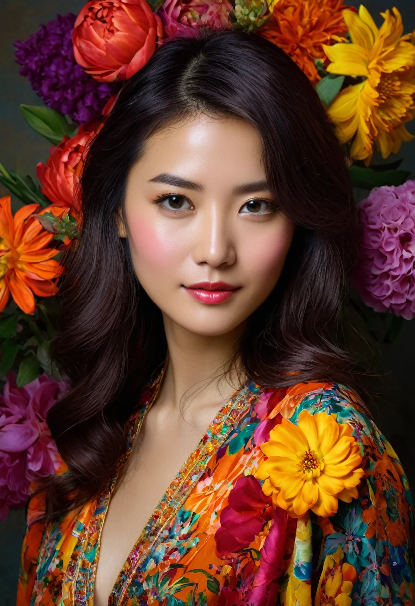 Portrait of a woman in her twenties，Rich colors、Brightly colored flowers々