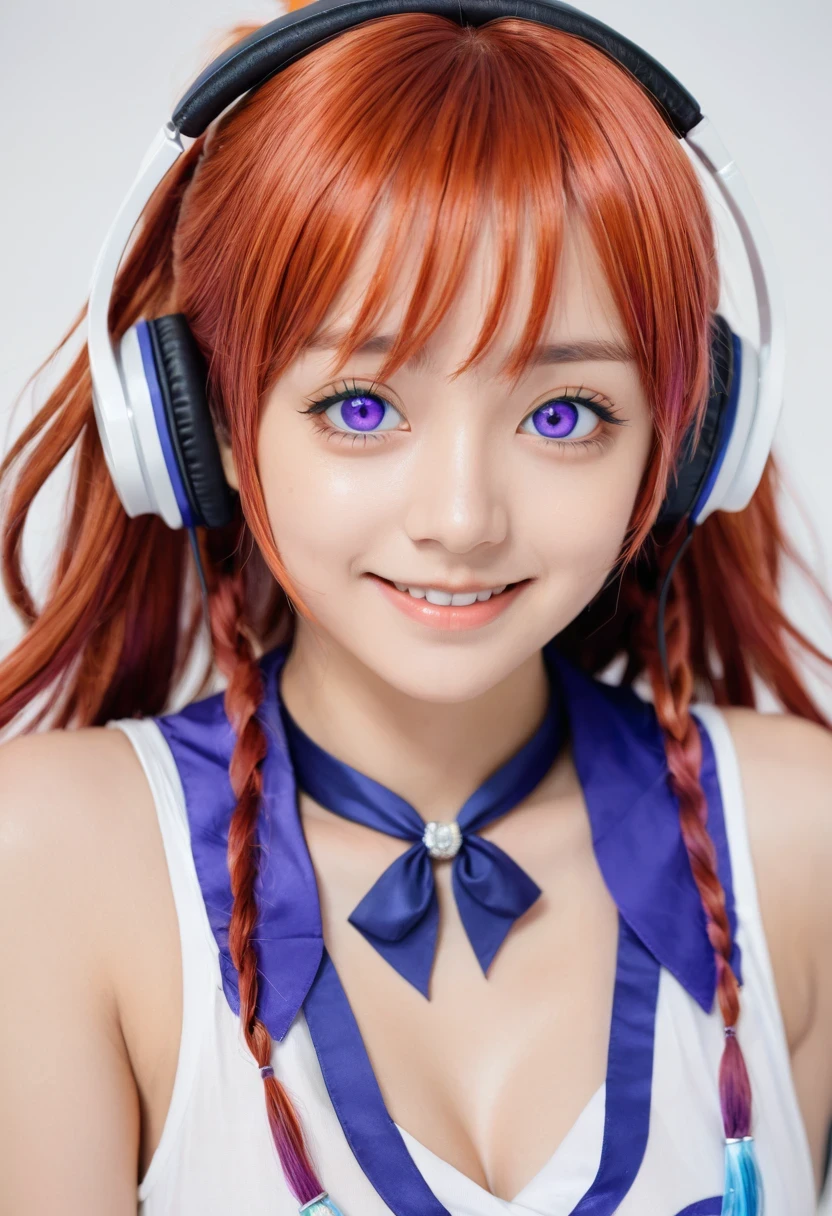 uta (one piece), oda eiichirou,, , 1girl, :d, bangs, blue ribbon, diamond-shaped pupils, diamond (shape), hair between eyes, headphones, long hair, multicolored hair, open mouth, purple eyes, red hair, ribbon, shirt, signature, sleeveless, sleeveless shirt, smile, solo, ((split-color hair)), symbol-shaped pupils, white hair, white shirt, sea, one eye covered, watercolor,, ,