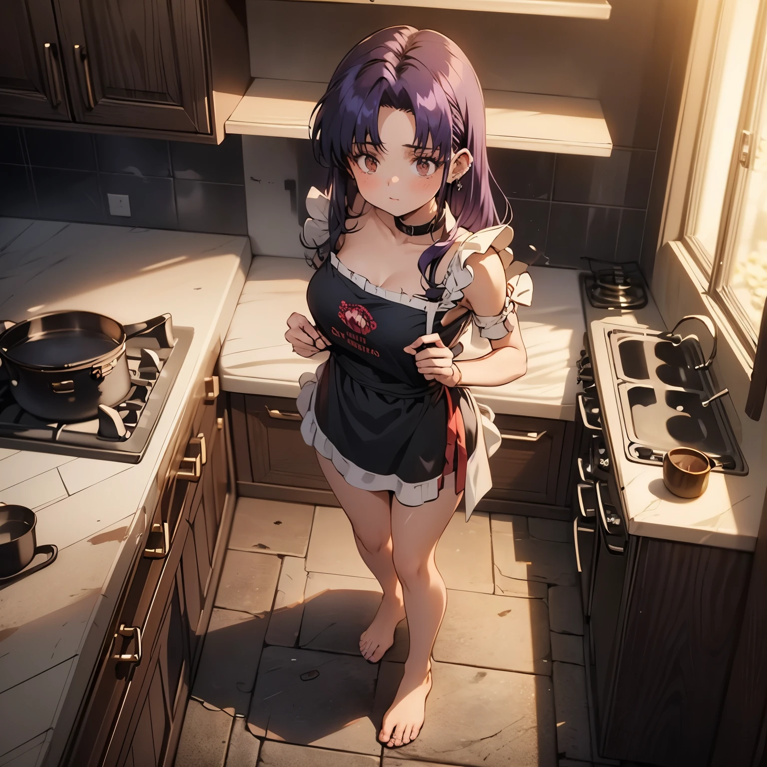 (masterpiece), best quality, 1girl, expressive eyes, perfect face, (purple hair), perfect anatomy, full body, 4k, HDR, full HD, alone, he is standing cooking, he is wearing an apron with a flower design, Under the apron she is wearing a red strapless crop top, she is wearing green silk minis, she is barefoot, she is in an elegant kitchen,