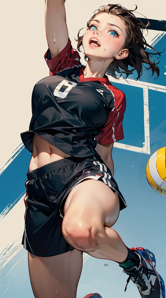 ((best quality)), ((masterpiece)), (detailed), 1girl with tan orange skin and maroon ponytail hair, wet shirt, varsity volleyball player, blank gray background, attack pose, holding volleyball, full body, wearing rubber shoes, ripped clothes