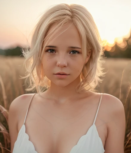 4k, Monroe, realistic photo of a woman, girl, high-res, masterpiece, best quality, sharp focus, (cinematic lighting), night, soft lighting, dynamic angle, blonde hair, detailed face, tall grass, brown eyes, 